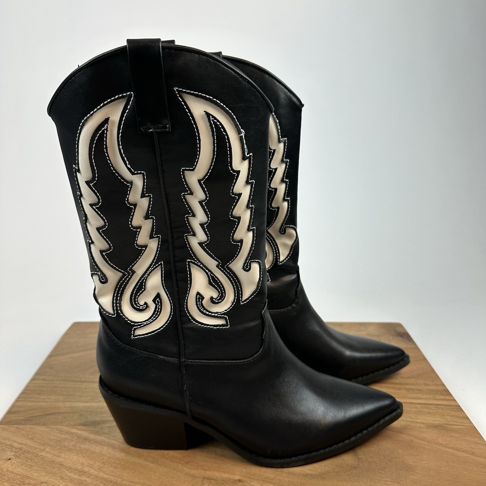 Womens Billini Norva Black Faux Leather Western Pointed Toe Boots Size 7‎ M EUC